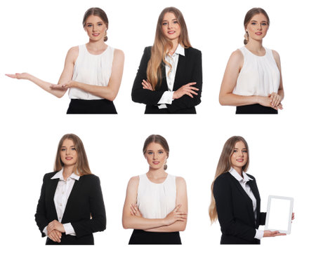 Collage with photos of hostess in uniform on white backgroundの写真素材