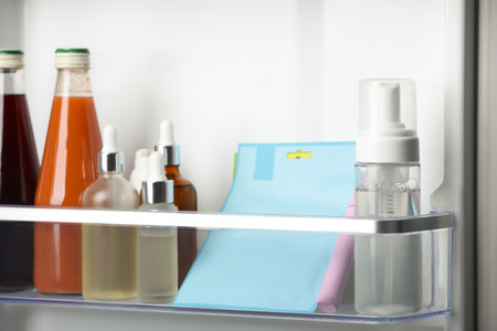 Different cosmetic products on shelf in refrigeratorの写真素材