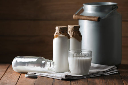 Tasty fresh milk in can, bottles and glass on wooden table, space for textの写真素材