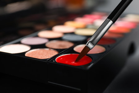 Colorful lip palette with brush on dark background, closeupの写真素材