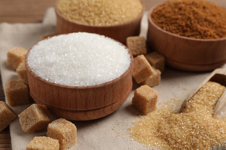 Different types of sugar in granules and cubes on cloth, closeupの写真素材