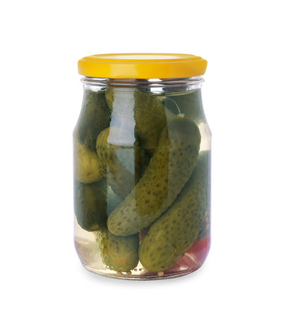 Jar of tasty pickled cucumbers isolated on whiteの写真素材