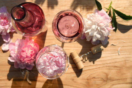 Bottle and glasses of rose wine near beautiful peonies on wooden table, flat layの写真素材