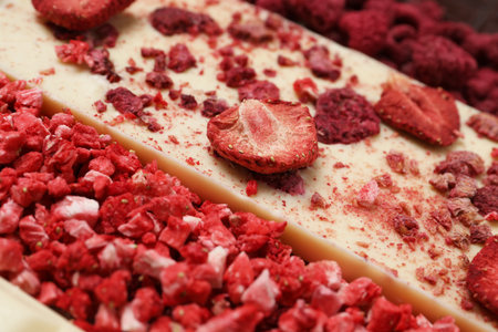 White chocolate bar with freeze dried strawberries as background, closeupの写真素材