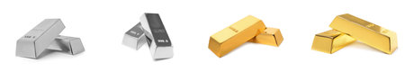 Set with shiny golden and silver bars on white background. banner designの写真素材