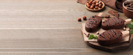 Delicious glazed ice cream bars, nuts and mint on wooden table, space for text. banner designの写真素材