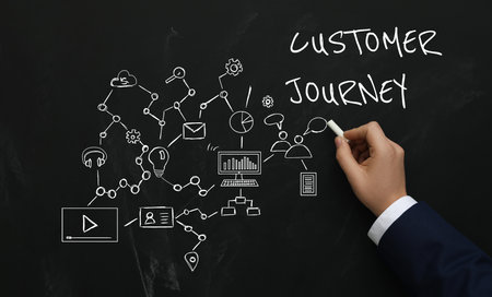 Man drew scheme on blackboard, closeup. customer journey conceptの写真素材