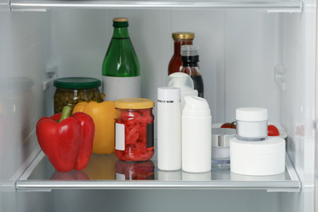 Different cosmetic products on shelf in refrigeratorの写真素材