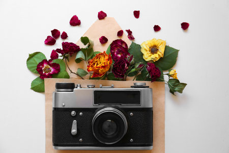Flat lay composition with beautiful dried flowers in envelope and vintage camera on white backgroundの写真素材