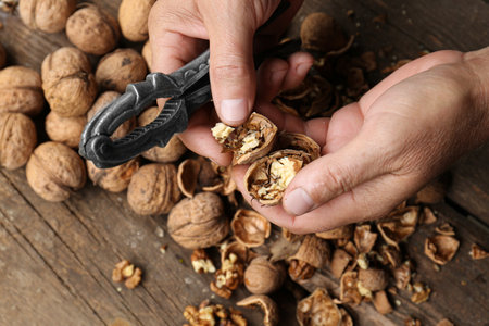Man cracking walnuts at wooden table, closeupの写真素材