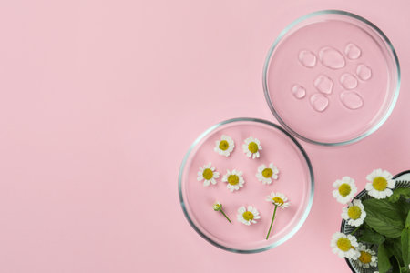 Petri dishes with chamomile flowers and cosmetic product on pink background, flat lay. Space for textの写真素材