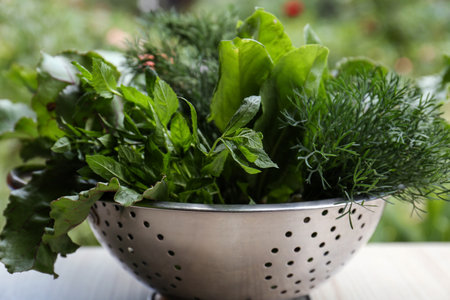 Different herbs in colander on white wooden table outdoorsの写真素材