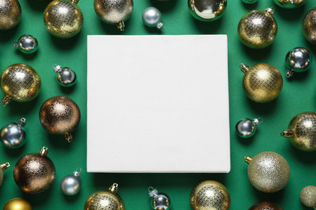 Blank canvas and Christmas baubles on green background, flat lay. space for design