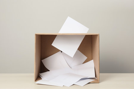 Ballots in box on table against light gray backgroundの写真素材