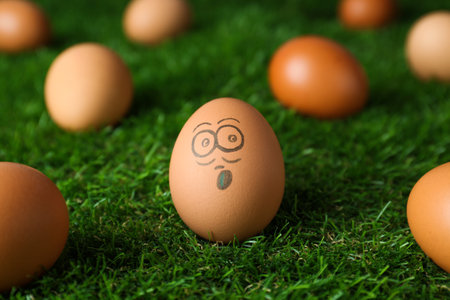 Egg with drawn surprised face among others on green grassの写真素材