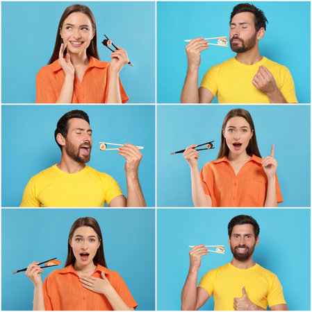 Collage with photos of people eating tasty sushi and rolls on light blue backgroundの写真素材