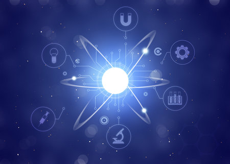 Virtual model of atom and different icons on color background. Illustration