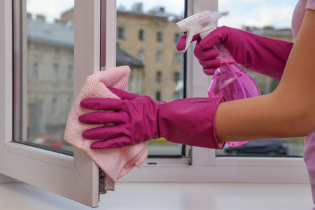 Young woman cleaning window frame with rag and detergent at home, closeup