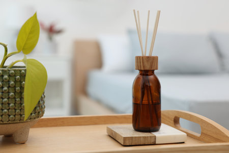 Aromatic reed air freshener near houseplant on wooden tray indoorsの写真素材