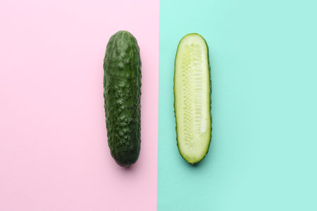 Whole and cut cucumbers on color background, flat layの写真素材