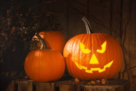 Scary jack o'lantern pumpkin on wooden bench in darkness. halloween decorの写真素材