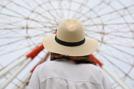 Young woman near Ferris wheel outdoors, back viewの写真素材