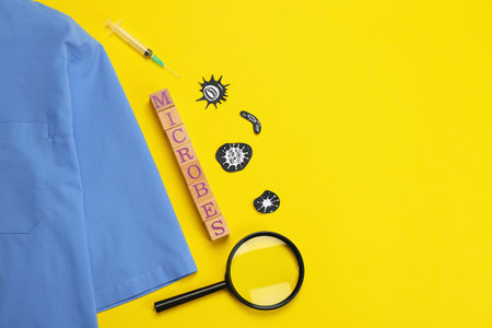 Word Microbes made with wooden cubes, magnifying glass, syringe and uniform on yellow background,...