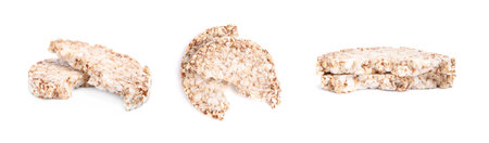 Set with tasty crunchy puffed cakes on white background. banner designの写真素材