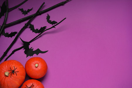 Flat lay composition with black branches, paper bats and pumpkins on purple background, space for...