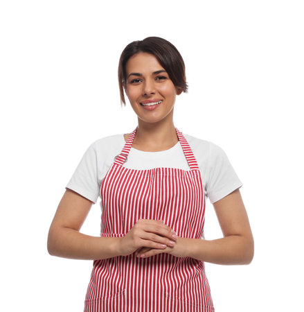 Young woman in red striped apron on white backgroundの写真素材