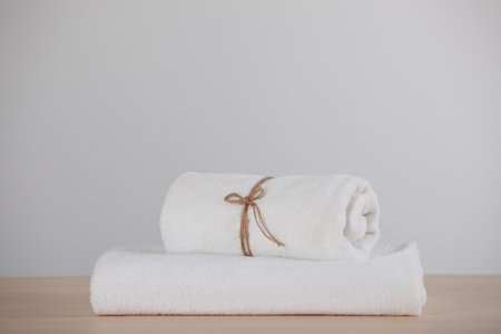 Rolled and folded soft towels on wooden tableの写真素材