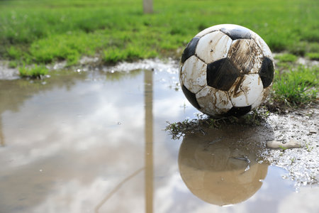 Dirty soccer ball on green grass near puddle outdoors, space for textの写真素材
