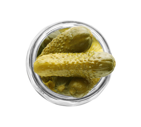 Jar of tasty pickled cucumbers isolated on white, top viewの写真素材