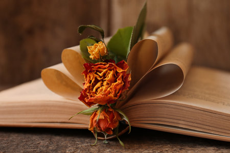 Open book with folded pages and beautiful dried flowers on wooden table, closeupの写真素材