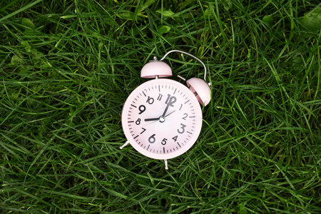 Pink small alarm clock on green grass outdoors, top view