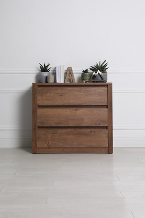 Books and beautiful plants on wooden chest of drawers near white wall indoors