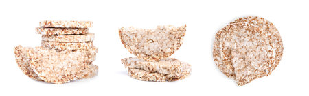 Set with tasty crunchy puffed cakes on white background. banner designの写真素材