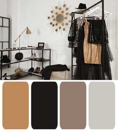 Color palette appropriate to photo of stylish women's clothes on rack in roomの写真素材