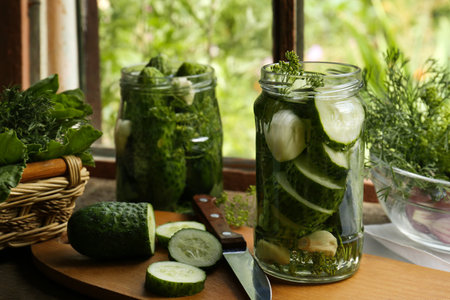Glass jars, fresh cucumbers and herbs on wooden table indoors. pickling recipeの写真素材