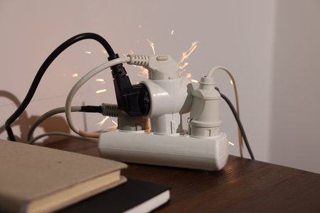 Inflamed plug in power strip indoors on wooden table. Electrical short circuitの写真素材
