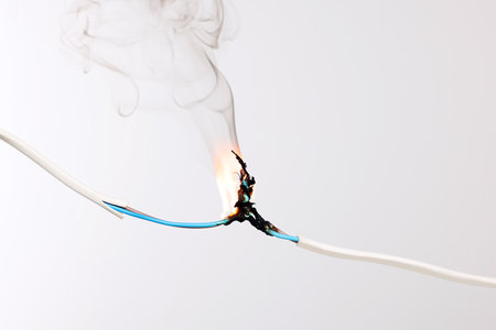 Inflamed white wire on gray background, closeup. Electrical short circuitの写真素材