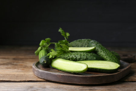 Fresh ripe cucumbers and parsley on wooden table. Space for textの写真素材