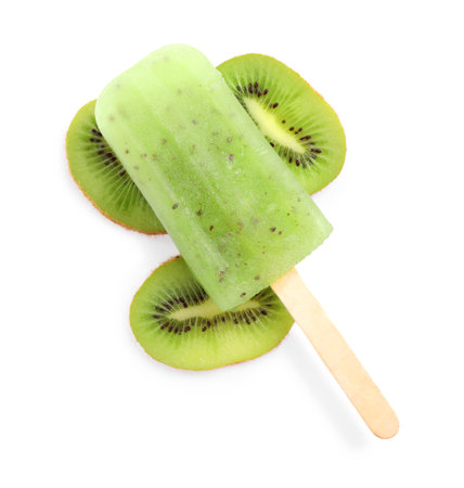 Tasty kiwi ice pop isolated on white, top view.の写真素材