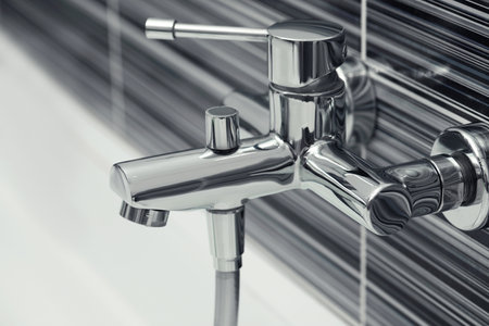 Shiny bath water tap installed on black and white wall