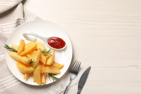 Plate with tasty baked potato wedges, rosemary and sauce on white wooden table, flat lay. Space for textの写真素材
