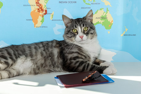 Cute cat, passport, tickets and sunglasses on white table near world map. Traveling with pet