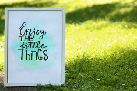Poster with phrase Enjoy The Little Things on grass outdoors, space for textの写真素材