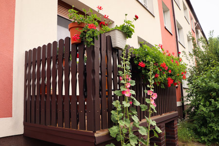 Wooden balcony decorated with beautiful red flowersの写真素材