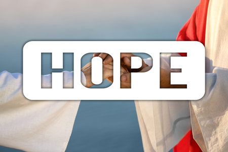 concept of hope. Jesus Christ holding woman's hand against blue sky, closeup