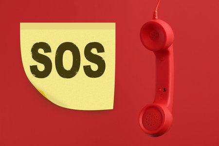 Telephone handset on red background. emergency SOS callの写真素材